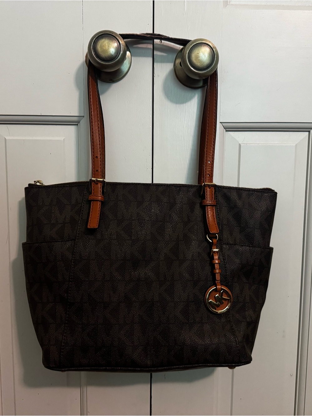 Michael Kors Brown Logo Tote with Tan Leather Straps